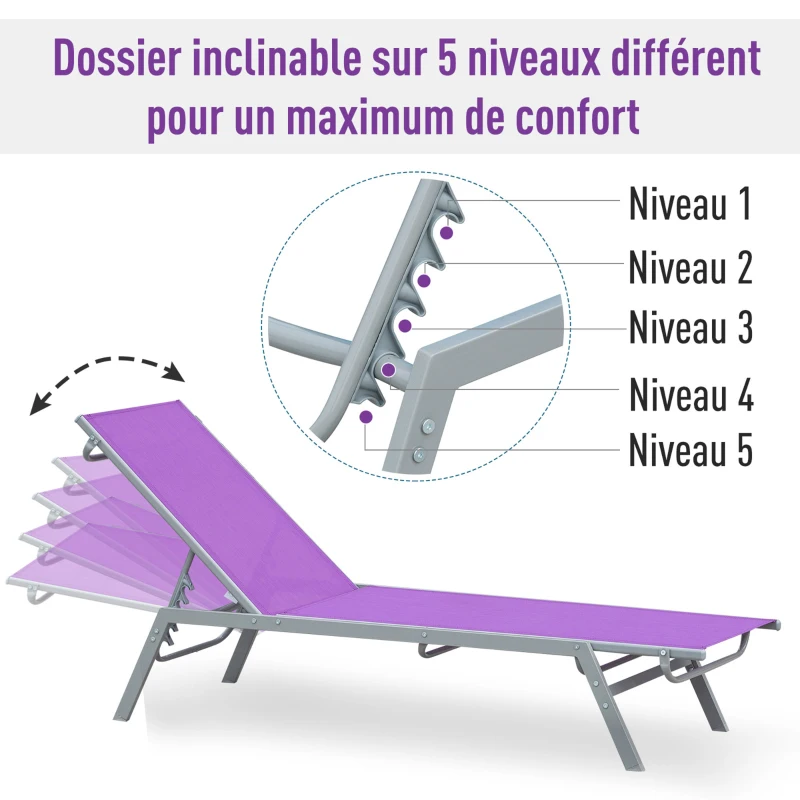 Outsunny Bain de Soleil transat - Chaise Longue - Design Contemporain - Dossier inclinable Multi-Positions - métal époxy textilène Mauve - dim. 170 x 58 x 97 cm