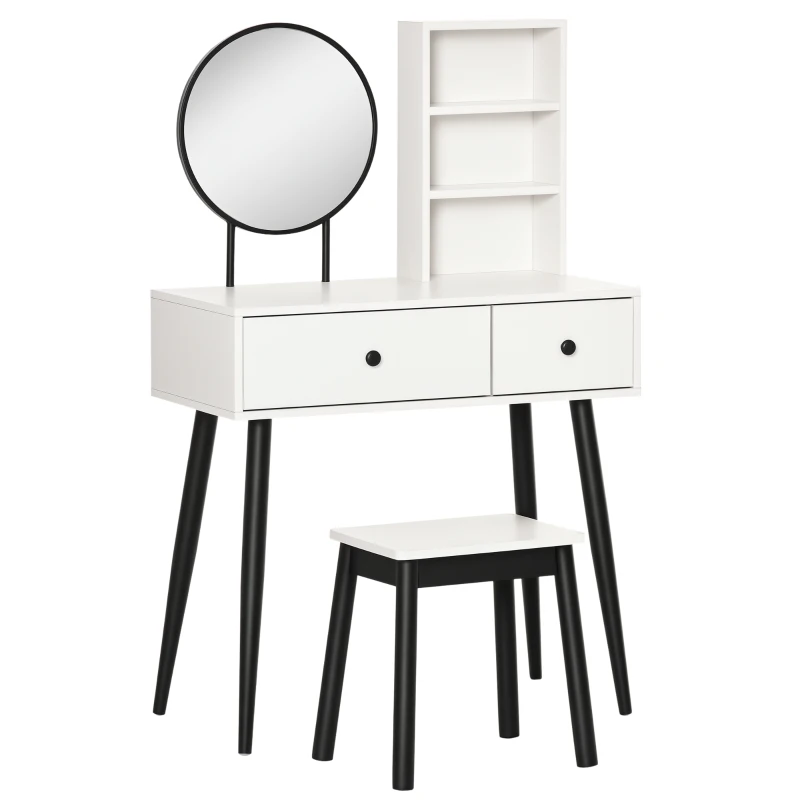 HOMCOM Coiffeuse Table de maquillage avec Tabouret Miroir Rond Style Contemporain - 2 tiroirs, 2 étagères - piètement hévéa Noir Panneaux Particules Blanc