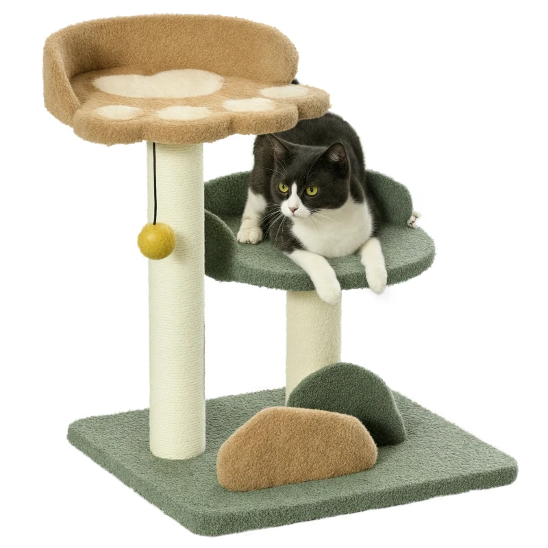 PawHut Copac de Zgariat pentru Pisici cu 2 Platforme Patut, Minge atarnata si Acoperie cu Catifea, 43x39x52cm, Multicolor