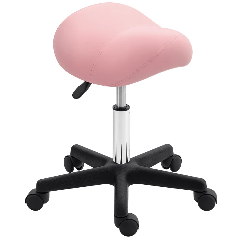 HOMCOM Saddle Stool, PU Leather Adjustable Rolling Salon Chair with Steel Frame for Massage, Spa, Beauty and Tattoo, Pink
