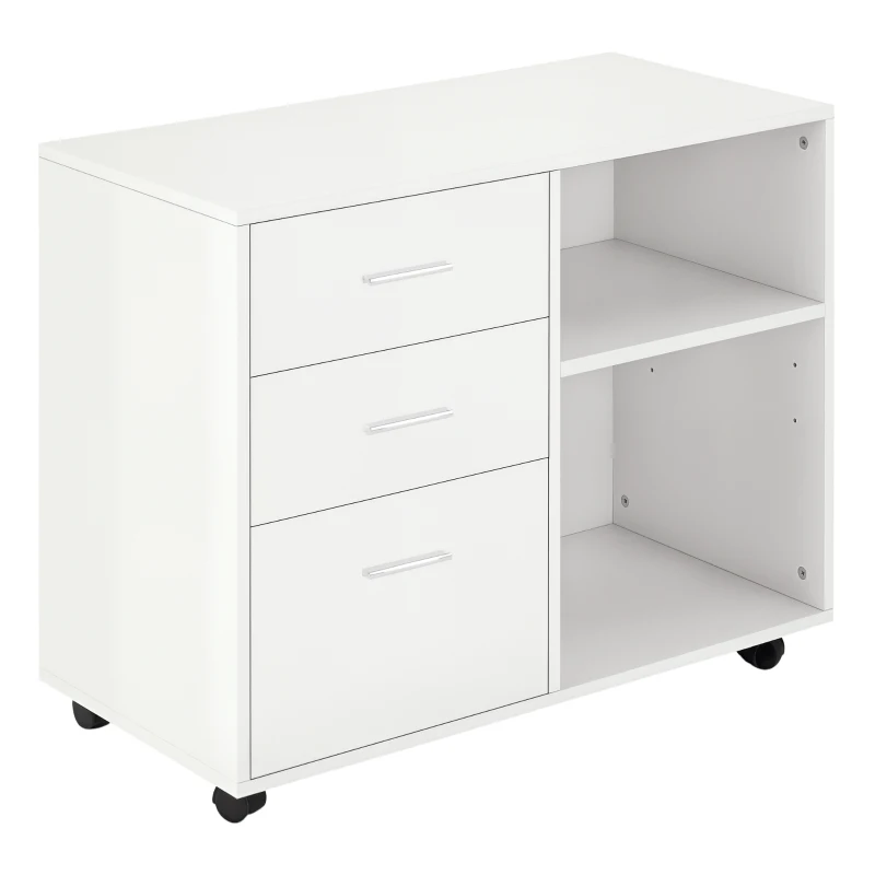 HOMCOM Mobile Lateral Filing Cabinet, Printer Stand with Wheels, 3 Drawers and 2 Open Shelves, for Home Office, White