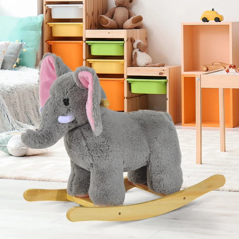 HOMCOM Kids Children Rocking Horse Plush Ride on Animal Wooden Riding Rocker Gift w/32 nursery rhymes (Grey Elephant)