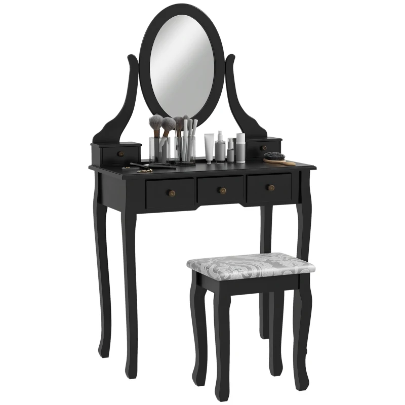 HOMCOM Schminktisch mit Hocker, Frisierkommode, Frisiertisch, Kosmetiktisch, Schwarz, 80 x 40 x 140 cm