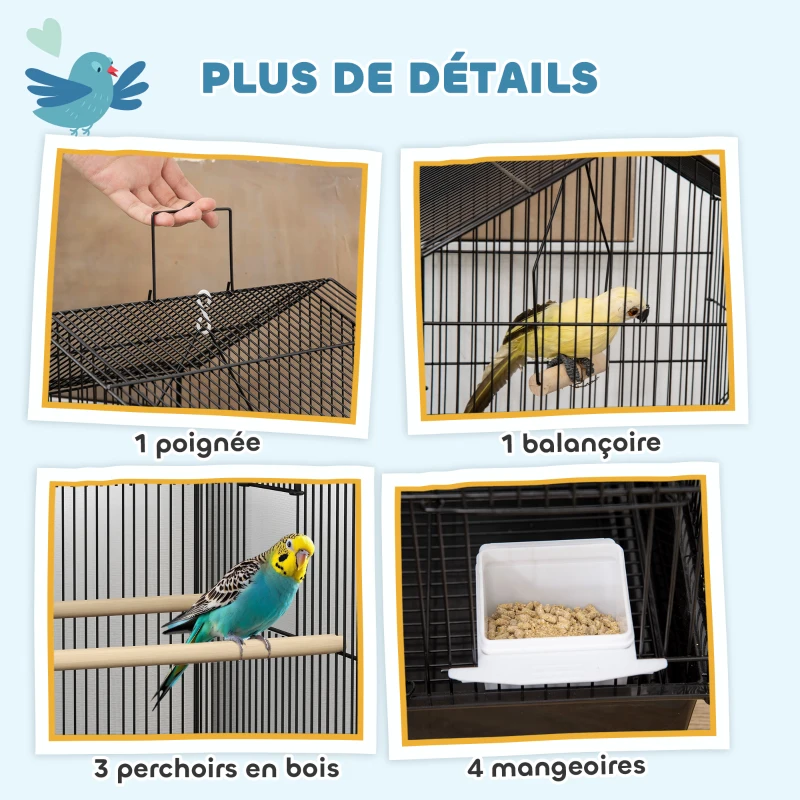 PawHut Cage à oiseaux volière avec balançoire poignée portable 4 mangeoires 3 perchoirs 50,5 x 41 x 104 cm en acier noir