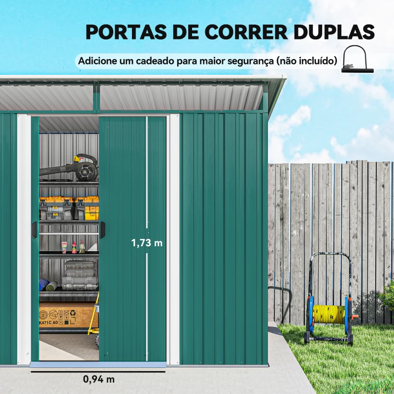 Outsunny Abrigo de Jardim 4,5 m² 260x194x200 cm Abrigo Exterior Metálico com 2 Portas Deslizantes para Armazenamento de Ferramentas Verde