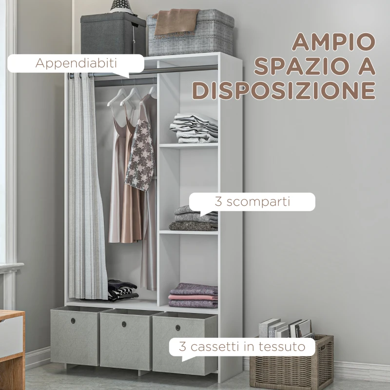 HOMCOM Armadio Guardaroba con Barra Appendiabiti, 3 Cassetti in Tessuto e 3 Ripiani, 105x48x160 cm, Bianco e Grigio