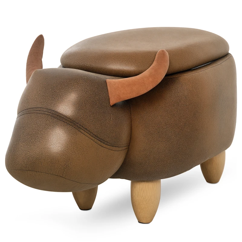 HOMCOM Tabouret Vache - Pouf Vachette - Pouf Taureau Coffre de Rangement 2 en 1 - Pieds Bois d'hévéa revêtement synthétique Aspect Daim Vieilli Marron