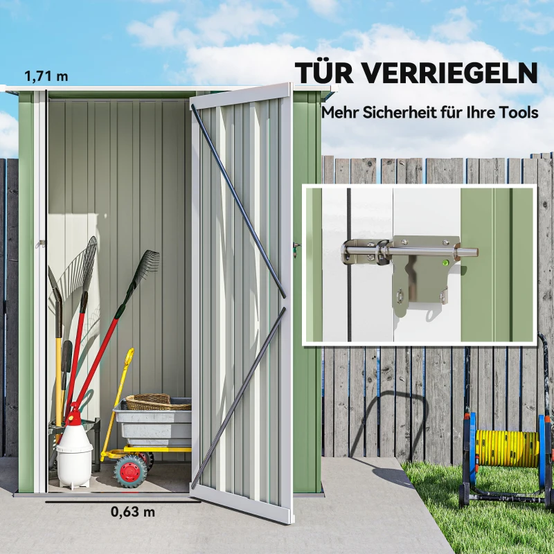 Outsunny Metall Gerätehaus 1,07 m² mit Schrägdach, 142 x 84 x 189 cm Geräteschuppen mit abschließbar Tür, Garten Schuppen, Gartenhaus Grün