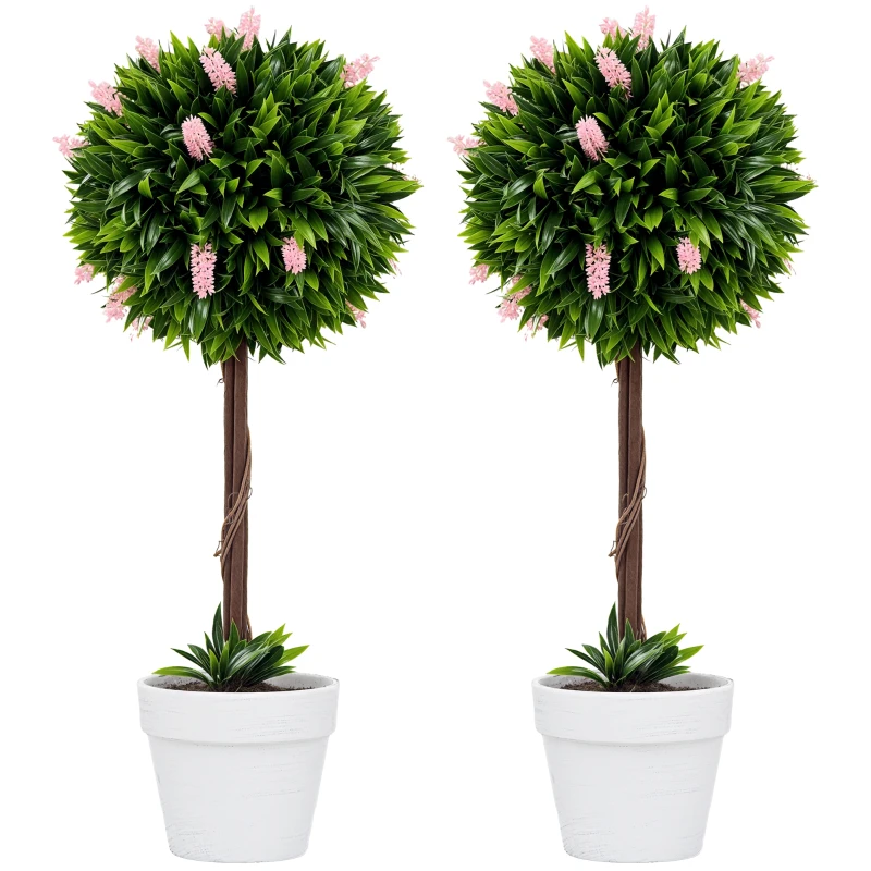 HOMCOM Set of 2 Decorative Artificial Plants Ball Trees with Flower for Home Indoor Outdoor Decor, 60cm ,Pink
