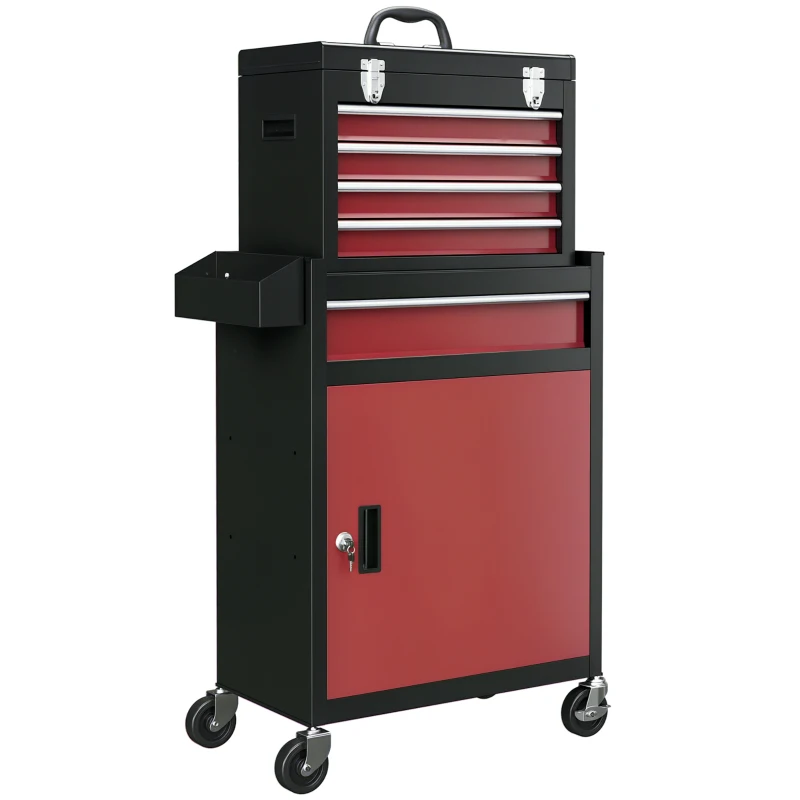 HOMCOM Dulap Rulant pe Roți pentru Scule, cu 5 Sertare și Dulap, Comodă Portabilă pentru Scule, Dulap cu Role, 60x28x102 cm, Roșu
