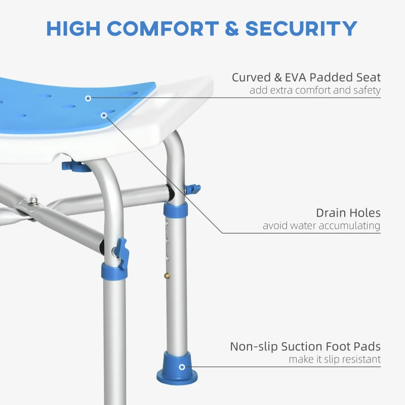 HOMCOM Height Adjustable Shower Chair for Elderly, Shower Stool with Padded Seat, Built-in Handle and Non-slip Suction Foot Pads, Blue