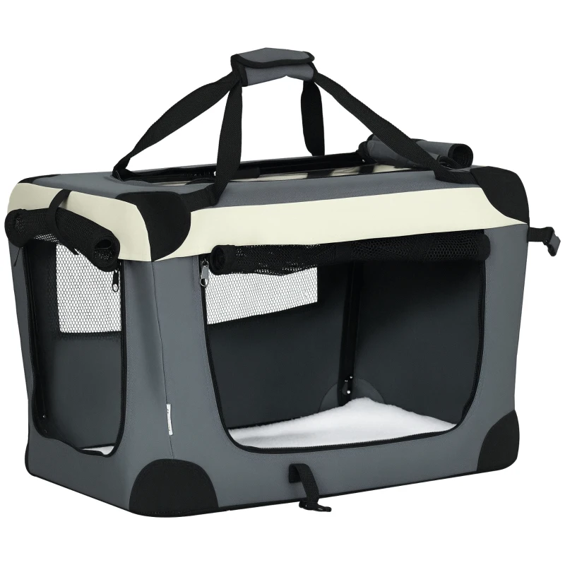 PawHut Sac de transport pliable - poignée, 3 entrées zippées, poche - coussin amovible - acier oxford polyester gris noir