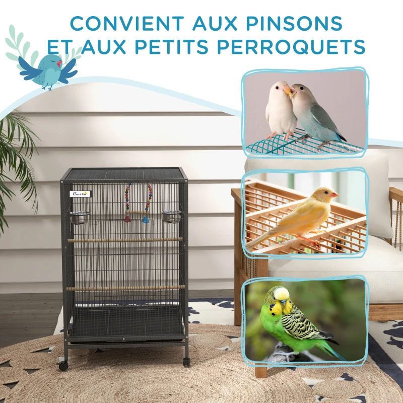 PawHut Cage oiseau sur pied cage sur roulettes avec balançoire, perchoirs et plateau coulissant 48 x 46 x 74 cm en acier noir
