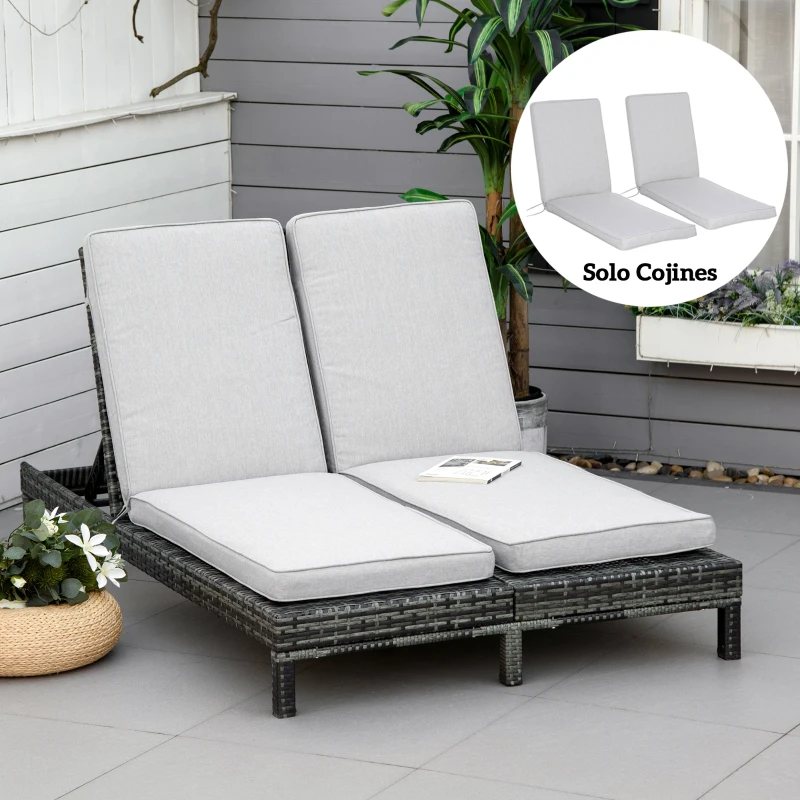 Outsunny Conjunto de 2 Cojines para Tumbona de Jardín 183x55x7 cm Desenfundables Lavables y Acolchados Almohadillas de Algodón para Sillas de Jardín Terraza Balcón Gris