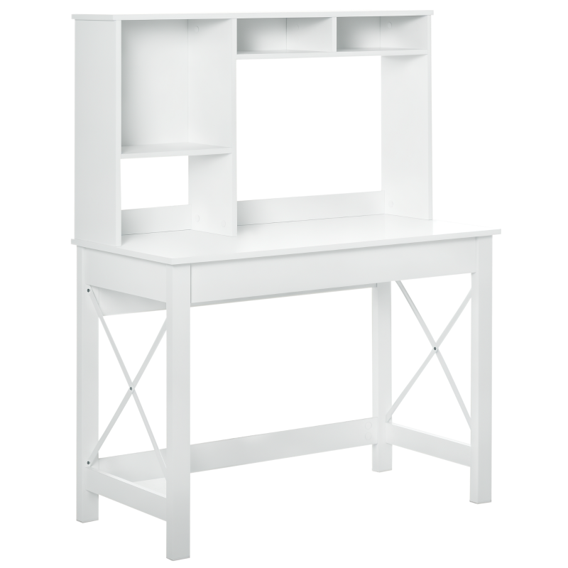 HOMCOM Bureau avec rangement bureau bibliothèque bureau en bois moderne avec étagères et grand plateau pour petits espaces bureau à domicile chambre à coucher, 105 x 50 x 137,5 cm, blanc