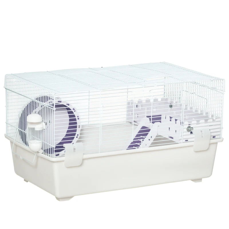 PawHut 2 Tier Hamster Cage, Gerbil Cage with Exercise Wheel, Water Bottle, Ladder, White