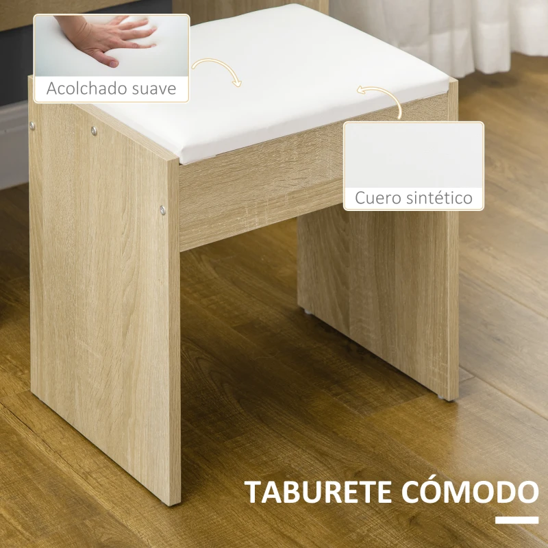HOMCOM Tocador de Maquillaje con Taburete Espejo 4 Cajones 4 Compartimientos Estilo Moderno 80x38x143 cm Natural