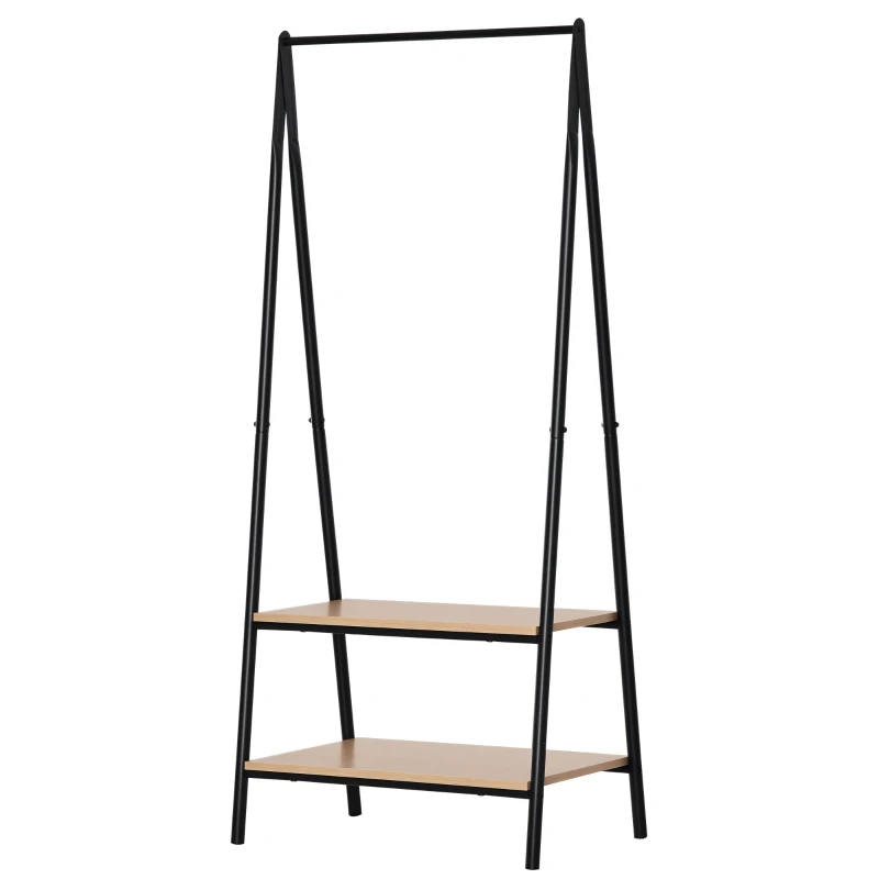 HOMCOM Gaderobenständer Kleiderständer Kleiderstange mit Schuhablage Wäscheständer Metall + Holz Schwarz + Natur 64 x 42,5 x 149 cm