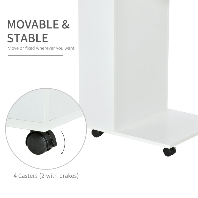 HOMCOM C-Shape Sofa Side Table with Wheels and Storage, Mobile End Table for Laptop, Coffee, Snack, White