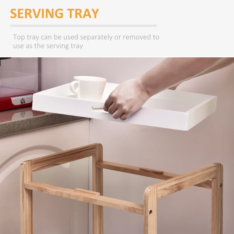 HOMCOM 3-Tier Rolling Kitchen Cart, Utility Trolley, Removable Tray, Slatted Storage Shelves Rack, White