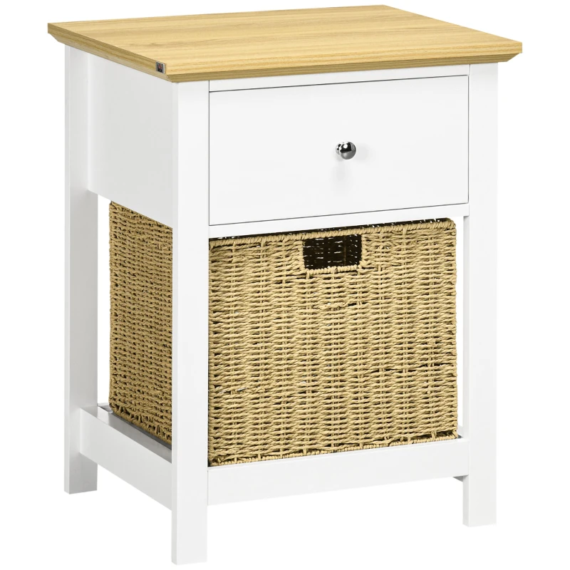 HOMCOM Mesita de Noche con Cajón y Cesta de Ratán Plegable Mesa Auxiliar para Salón Dormitorio 49x39x64 cm Blanco y Natural