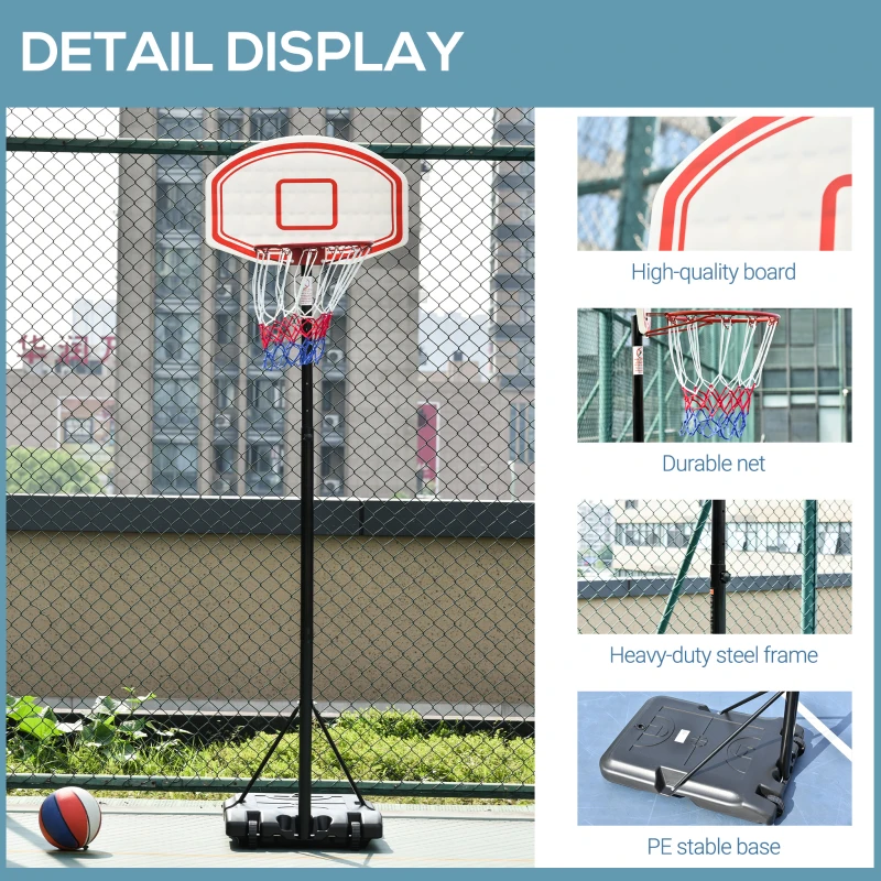 HOMCOM Portable Basketball Stand, 175-215cm Adjustable Height Basketball Rim & Net with Wheels and Stable Base