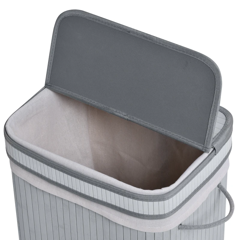 HOMCOM 70 Litre Foldable Wood Laundry Basket A Compartment with Flip Lid Removable Lining Handles Dirty Clothes Storage Grey