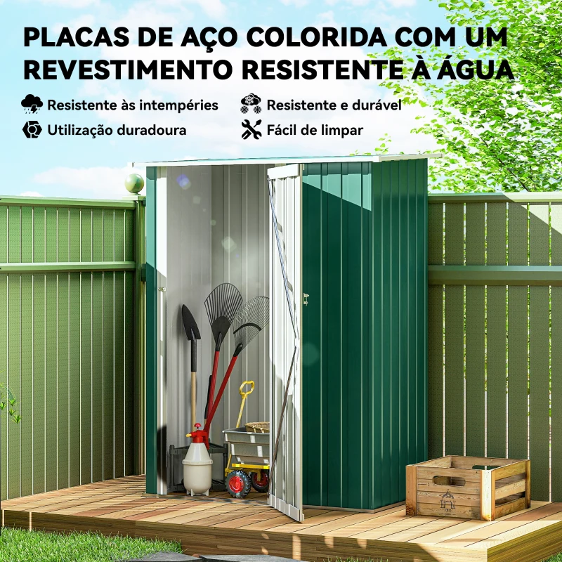 Outsunny Abrigo de Jardim 142x84x189cm Abrigo de Jardim de Aço Galvanizado com Porta Fechadura e Orifícios de Drenagem para Armazenamento de Ferramentas Verde