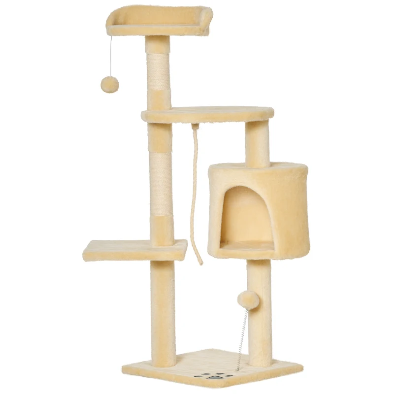 PawHut Cat Tree for Indoor Cats Pet Activity Centre Kitty Condo Climbing Scratching Post with Toys 4-tier 114cm Tall Beige
