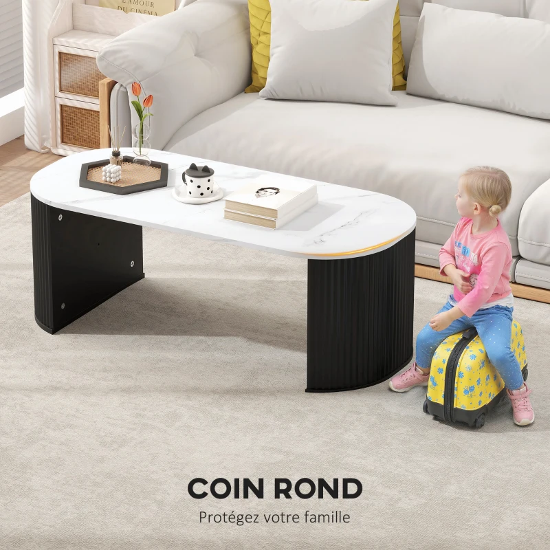 HOMCOM Table basse ovale, table d'appoint aspect effet marbre, coins arrondis pieds épais, 110 x 50 x 40 cm, noir