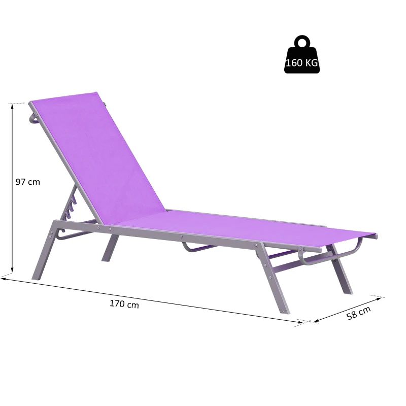 Outsunny Bain de Soleil transat - Chaise Longue - Design Contemporain - Dossier inclinable Multi-Positions - métal époxy textilène Mauve - dim. 170 x 58 x 97 cm