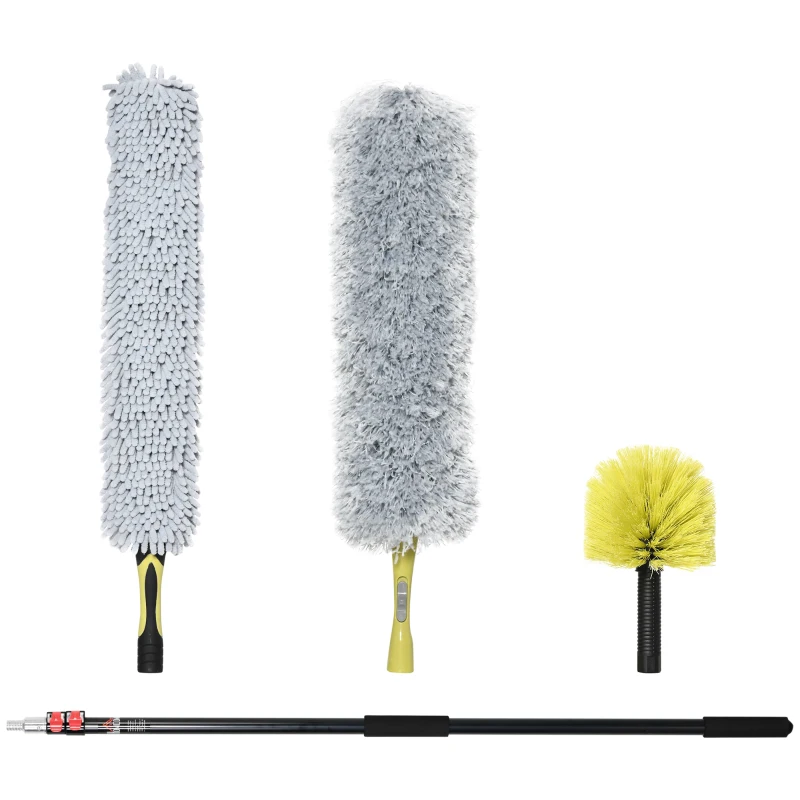 HOMCOM 4 Pieces Extendable Feather Duster with 54" -138" Aluminium Telescopic Pole for Cleaning High Ceiling Fans, Blinds, Cobweb, Duster Cleaning Kit with Bendable Head