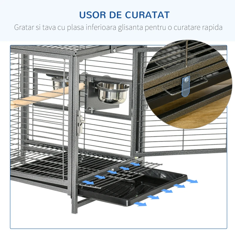 PawHut Cușcă pentru Papagali cu Tăviță Detașabilă, Boluri din Oțel Inoxidabil și 2 Jgheaburi, 48x38x65 cm, Negru