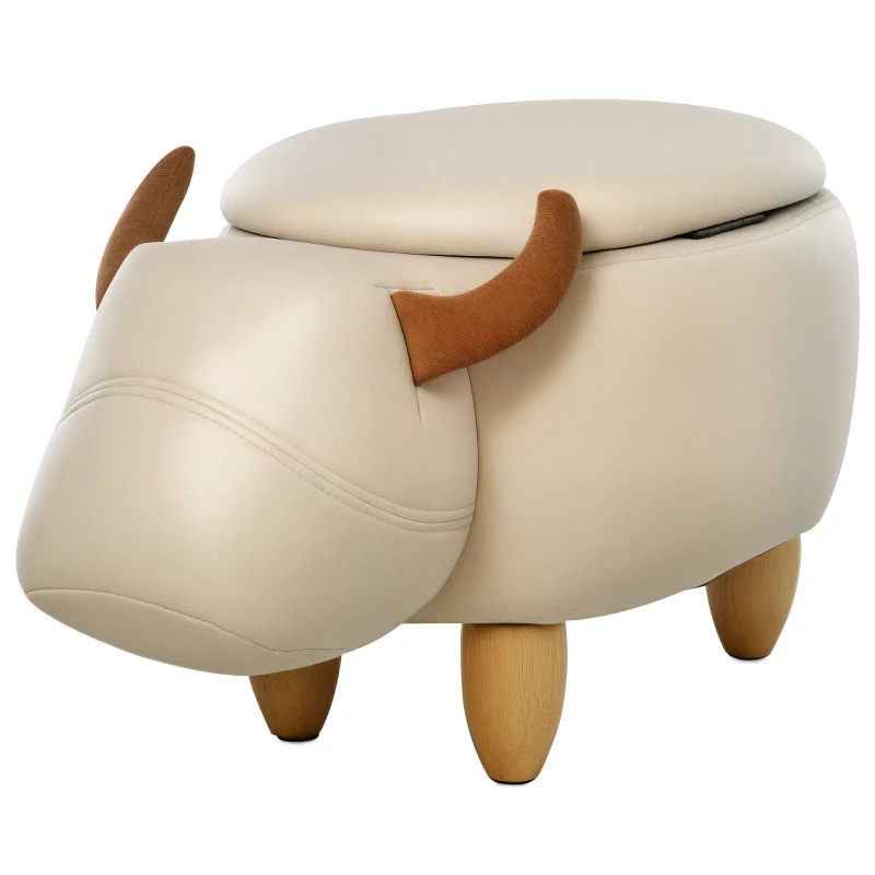 HOMCOM Animal footstool Buffalo Storage Stool Cute Decoration Wood Frame Legs w/Padding Lid Ottoman Furniture Ivory
