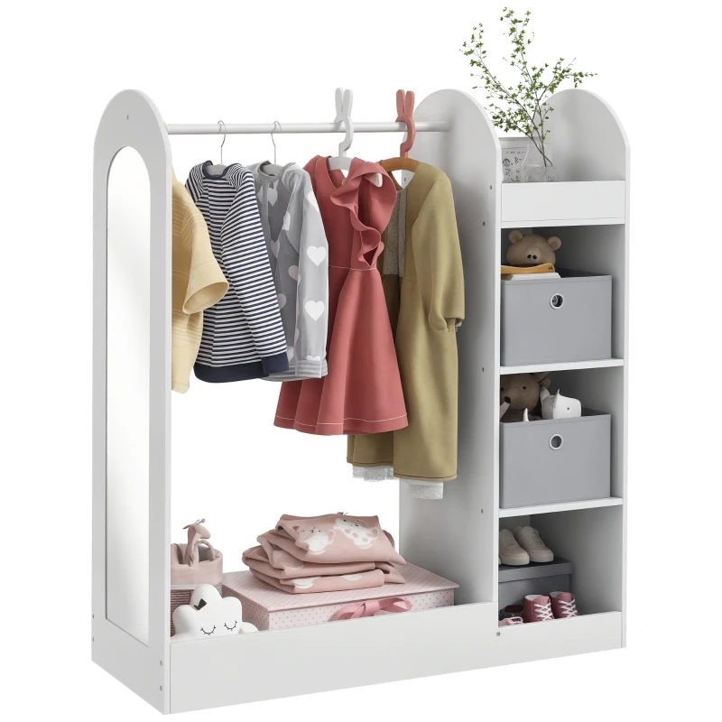 AIYAPLAY Kids Clothes Rail with Storage Shelf, Boxes, Mirror for Bedroom, Nursery, White
