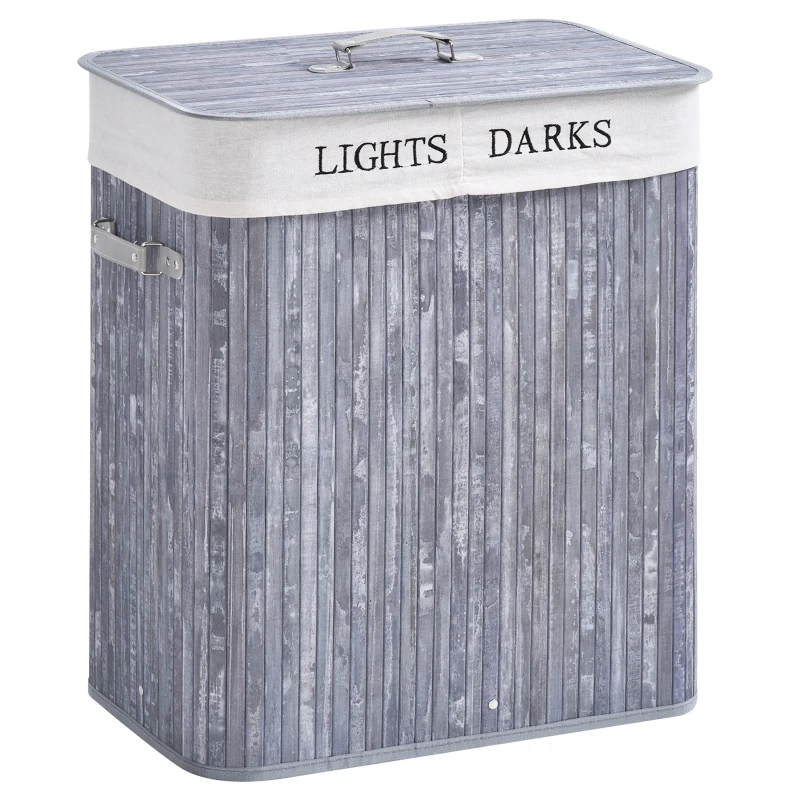 HOMCOM Panier à linge 100L avec 2 bacs bambou pliable couvercle poignée sac amovible en toile gris