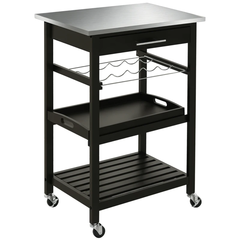 HOMCOM Chariot de Service desserte de Cuisine Table roulantes avec étagère rangement bouteille 60L x 40l x 85H cm Plateau en Acier INOX. Noir