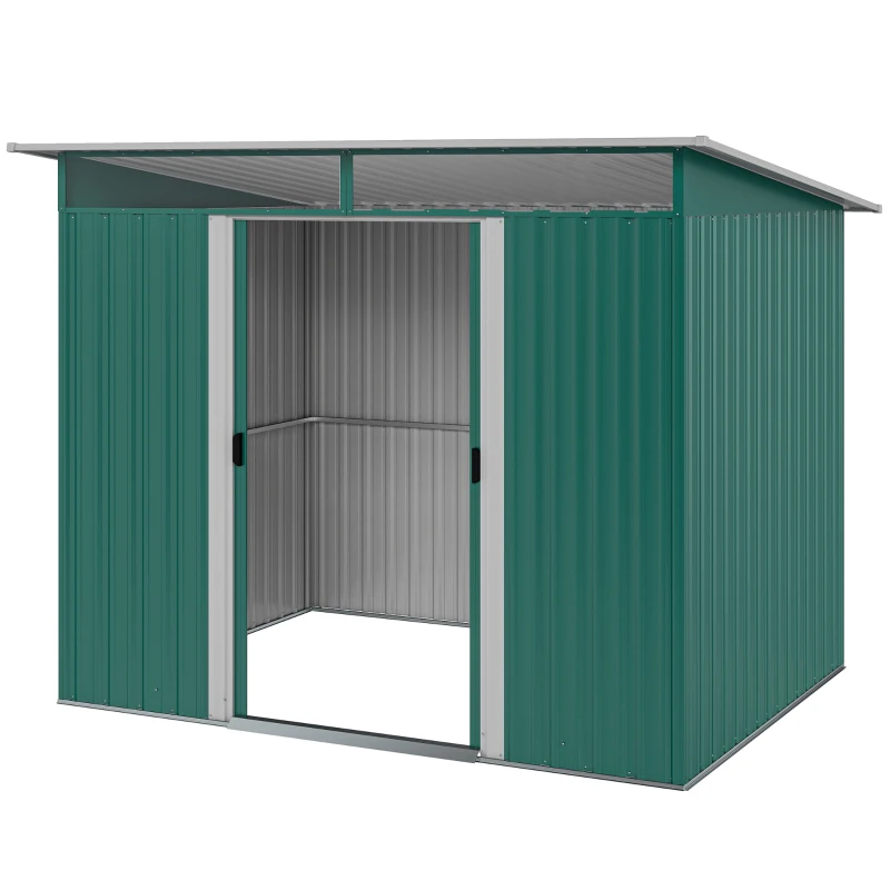 Outsunny Abrigo de Jardim 4,5 m² 260x194x200 cm Abrigo Exterior Metálico com 2 Portas Deslizantes para Armazenamento de Ferramentas Verde