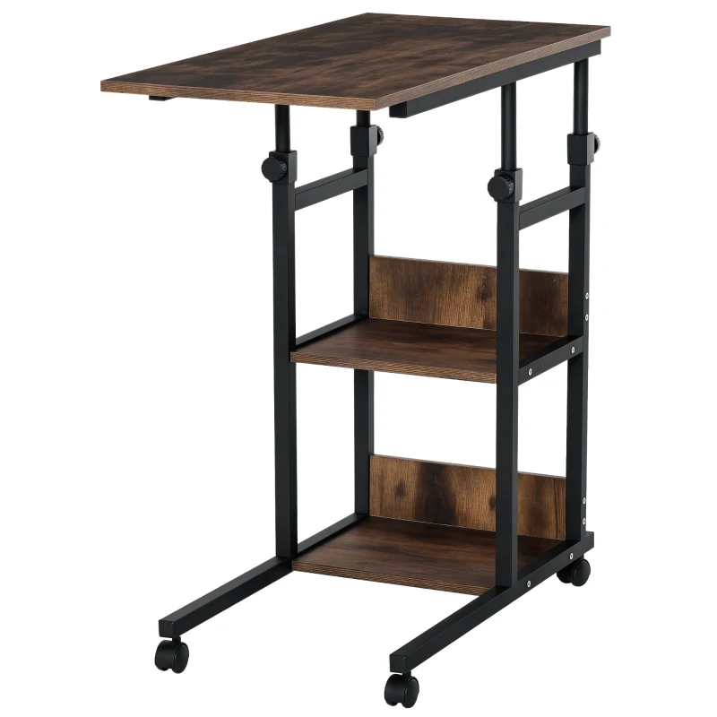 HOMCOM Beistelltisch mit Rollen, höhenverstellbar, kompakt, 2 Ablageböden, Metallrahmen, 80x40x72-82 cm, Braun