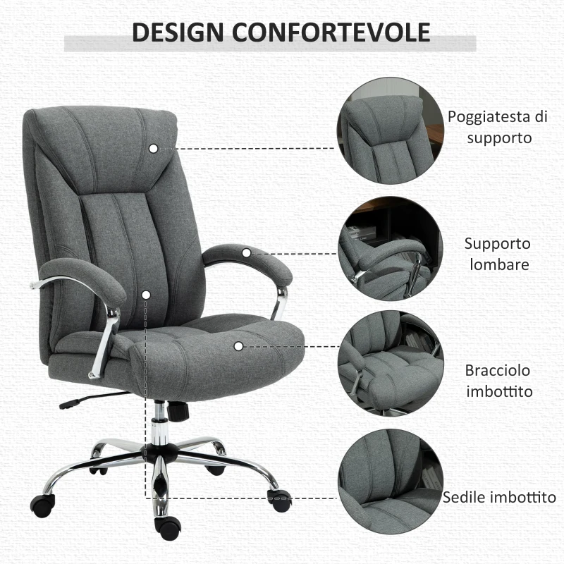 Vinsetto Sedia da Ufficio Imbottita e Girevole in Tessuto Traspirante, 65x78x110-120cm, Grigio
