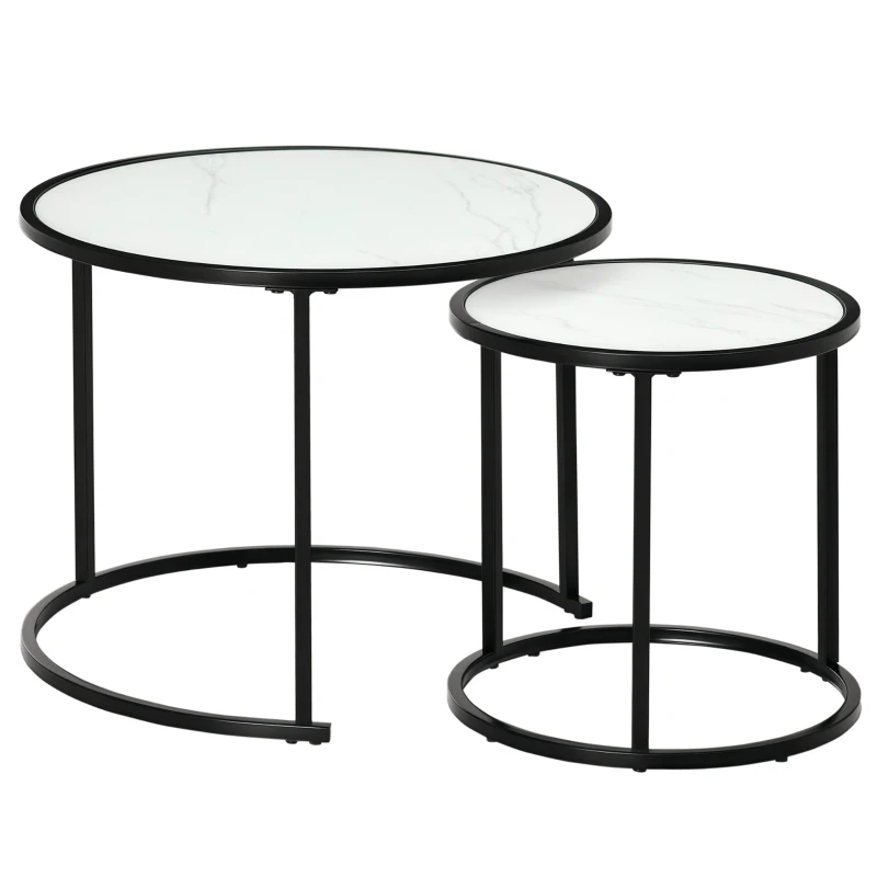 HOMCOM Lot de 2 Tables Basses Rondes gigogne empilables Plateau en bois aspect marbre et Pieds en métal Noir