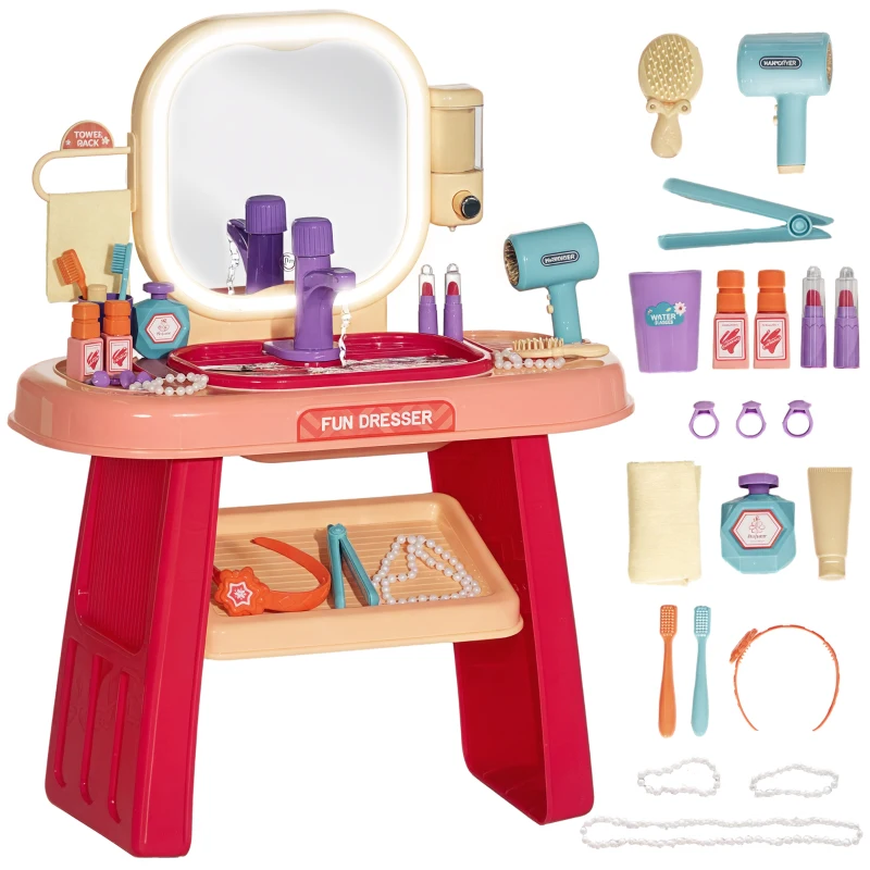 AIYAPLAY Tavolo Toeletta per Bambine 3-6 Anni con Specchio in Acrilico e Rubinetto, in PP e GPPS, 55x29x71 cm, Rosa