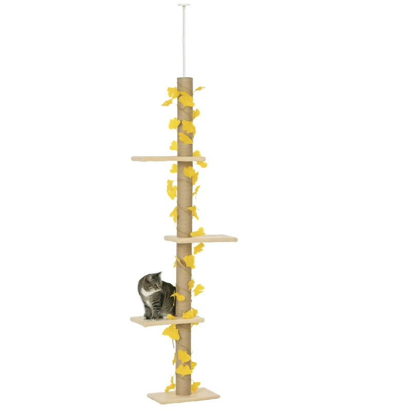 PawHut 242cm Adjustable Floor-To-Ceiling Cat Tree, with Artificial Decoration, Perches, Anti-Slip Kit - Yellow