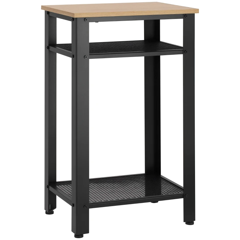 HOMCOM Industrial Side Table, 3-tier End Table with 2 Mesh Shelves and Metal Frame, Bedside Nightstand for Bedroom, Oak