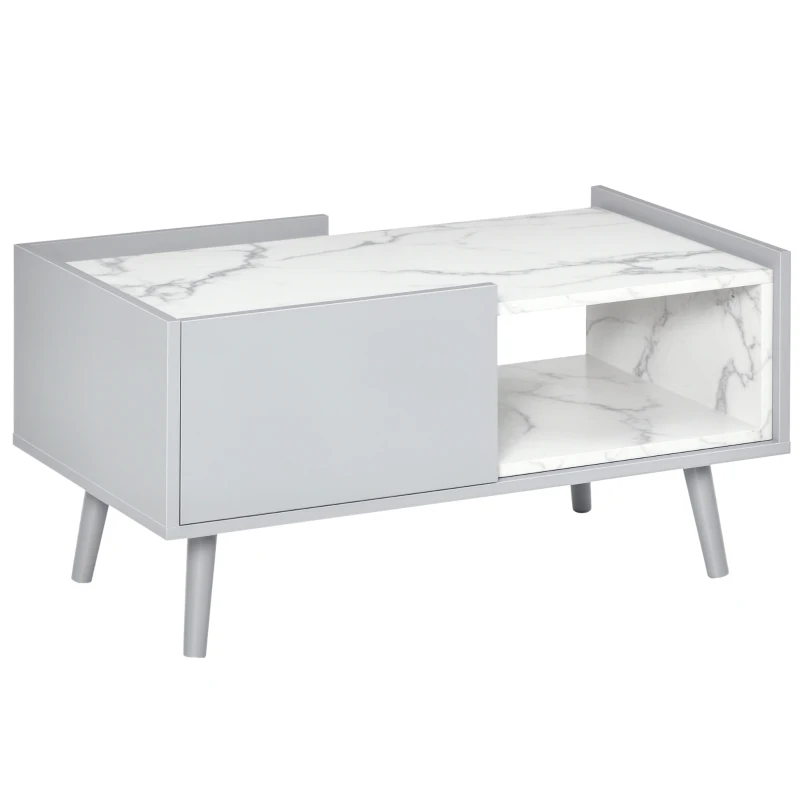 HOMCOM White Coffee Table with Faux Marble Top, 2-Tier Wood Center Table Sofa Table with Storage Drawer and Shelf for Home Living Room Reception Room