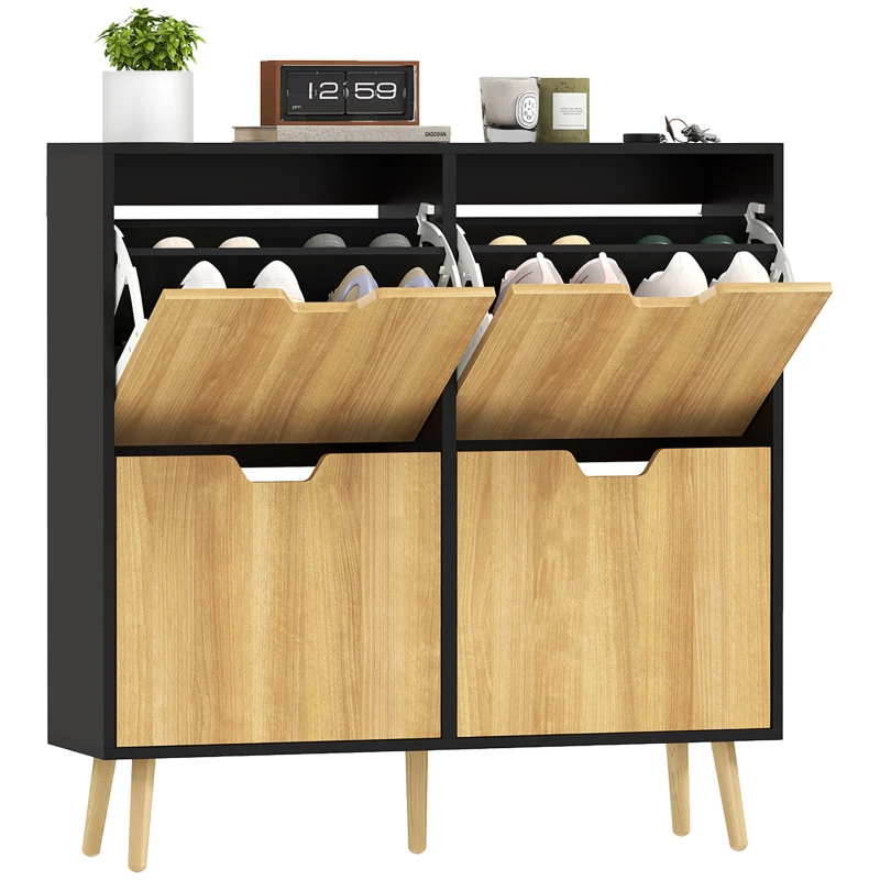 HOMCOM Mobile Portascarpe Stretto con 4 Cassetti Ribaltabili e Ripiani Regolabili per 16 Paia 95x26x95 cm Naturale e Nero
