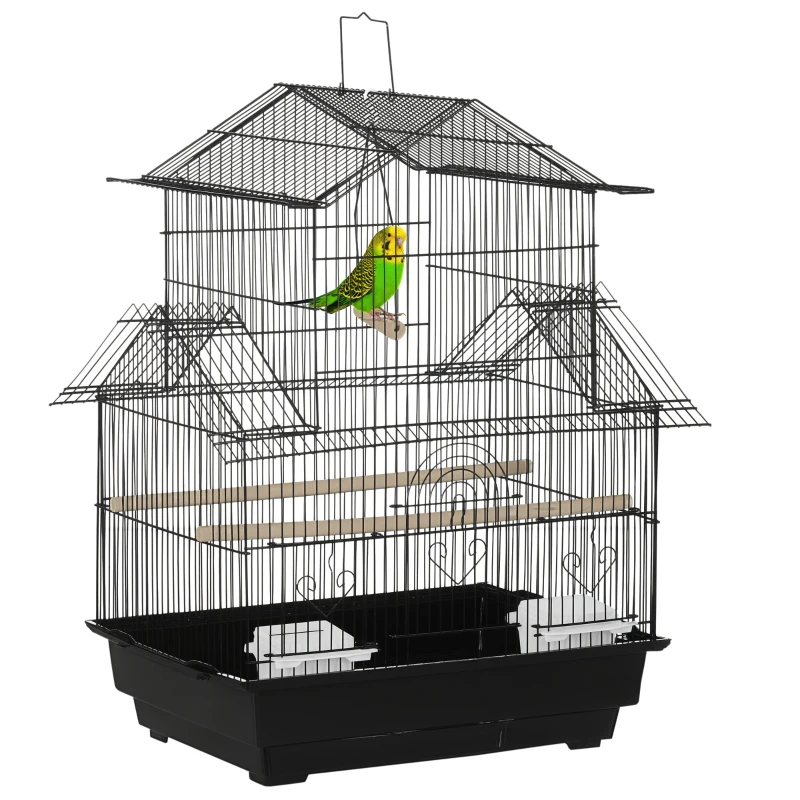 PawHut Cage à oiseaux design maison mangeoires perchoirs 3 portes plateau excrément amovible + poignée transport 50,5 x 41 x 63 cm noir