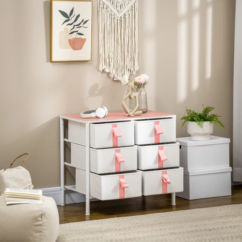 HOMCOM Bedroom Chest of Drawers, Cloth Organizer Unit with Fabric Drawers and Steel Frame, 6 Drawer Dresser, Pink