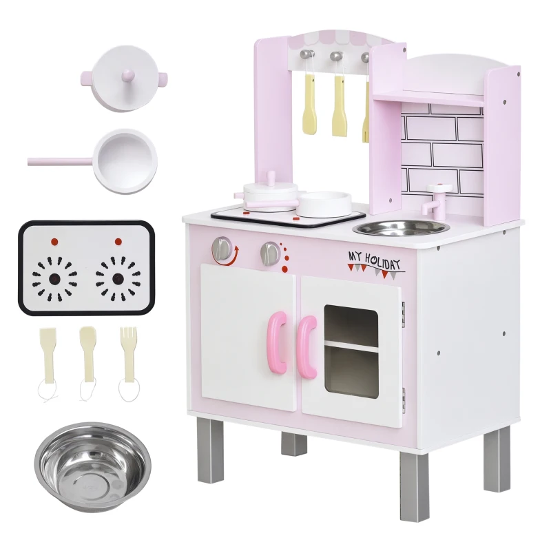 HOMCOM Kinderküche mit Zubehör Herde Spielzeugküche Spielküche Kinderküche Holz 3 Jahre+ Spielzeugküche für Kinder Kieferbeine+MDF Rosa 55 x 30 x 80 cm