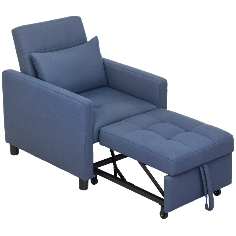 HOMCOM 3-In-1 Chair Bed, Convertible Sleeper Chair with Adjustable Backrest, Pillow and Footrest for Living Room, Blue